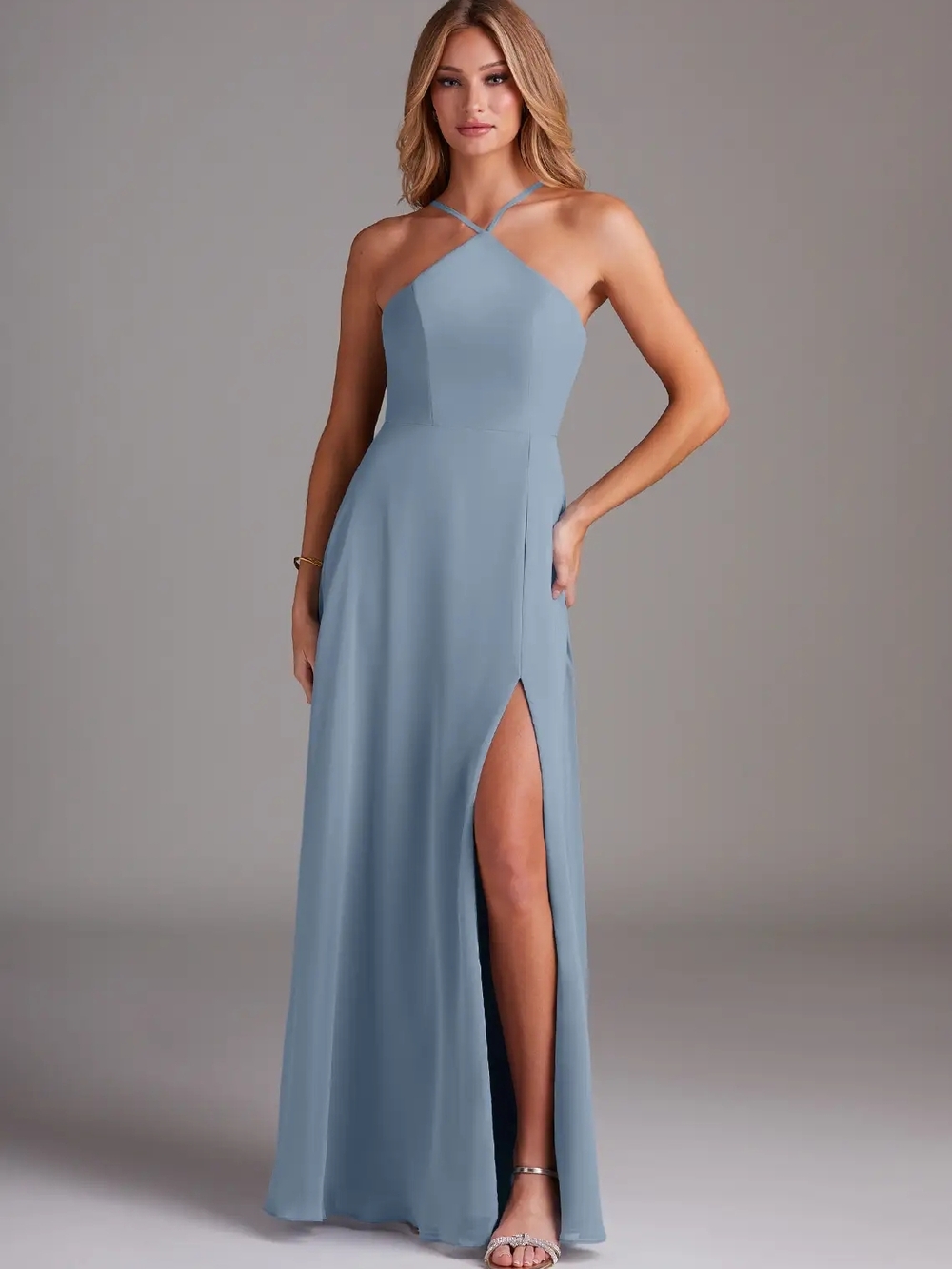 Azazie BaileyDusty Blue A-Line Halter Side Slit Chiffon Dress Bridesmaid